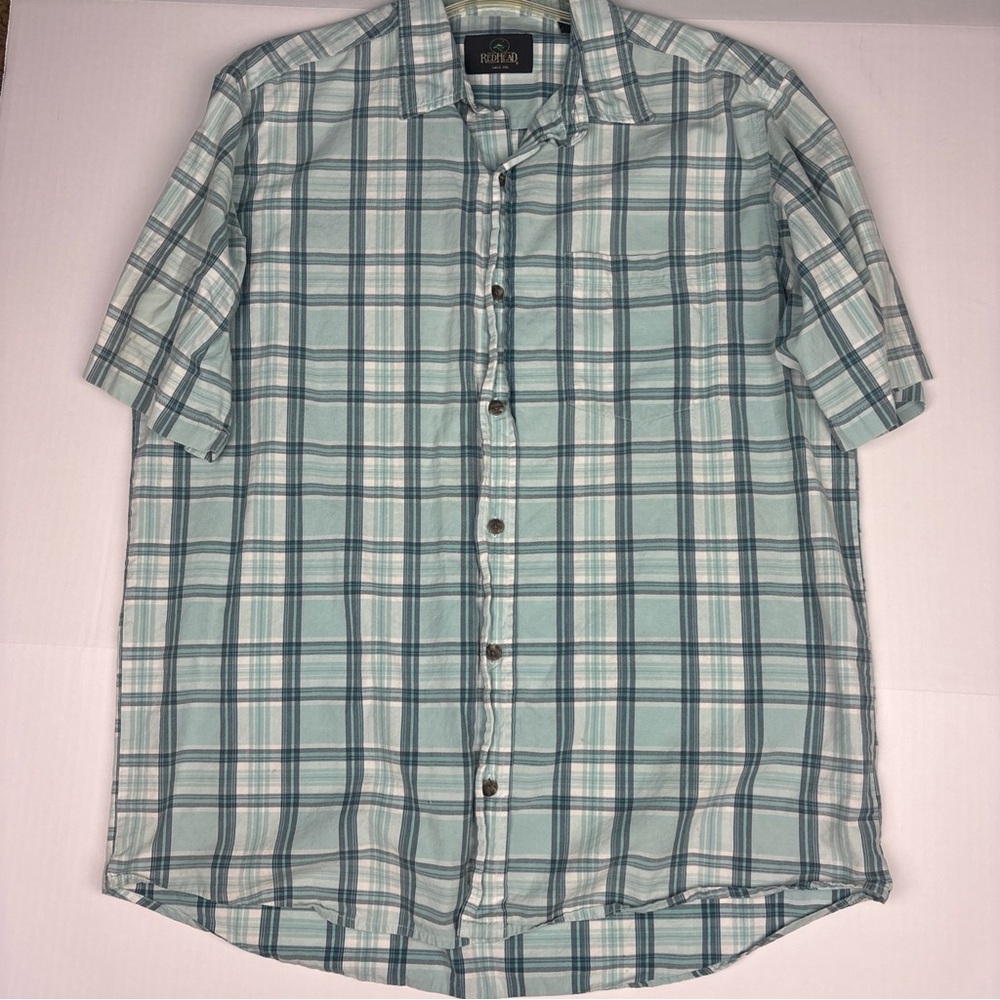 RedHead Men Large Shirt Button Up Plaid Green White Blue Short Sleeve Cotton
